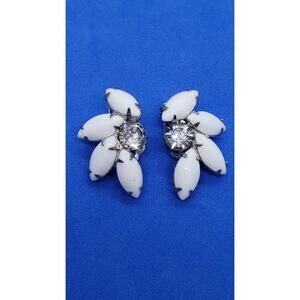 Vintage Earrings Flower Clip On White Milk Glass & Clear Rhinestone Navette
